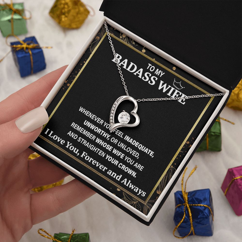 Wife Necklace Gift From Husband To My Badass Wife Pendant Valentine Jewelry with Message Card and Gift Box. Gift for Wife. Necklace Gift Set for Wife Necklace Gifts Box Gift Box Styles Forever Love