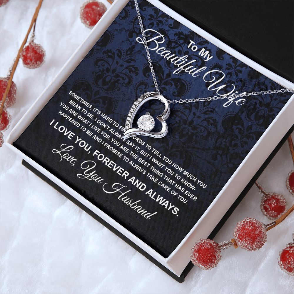To My Beautiful Wife Necklace From Husband Pendant Jewelry with Message Card and Box Necklaces for Women Valentines Day Happy Anniversary Wedding Present for Birthday Merry Christmas for Wife Forever Love