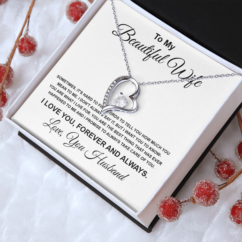 To My Beautiful Wife Necklace From Husband Pendant Jewelry with Message Card and Box Necklaces for Women Valentines Day Happy Wedding Present for Birthday Merry Christmas for Wife Forever Love