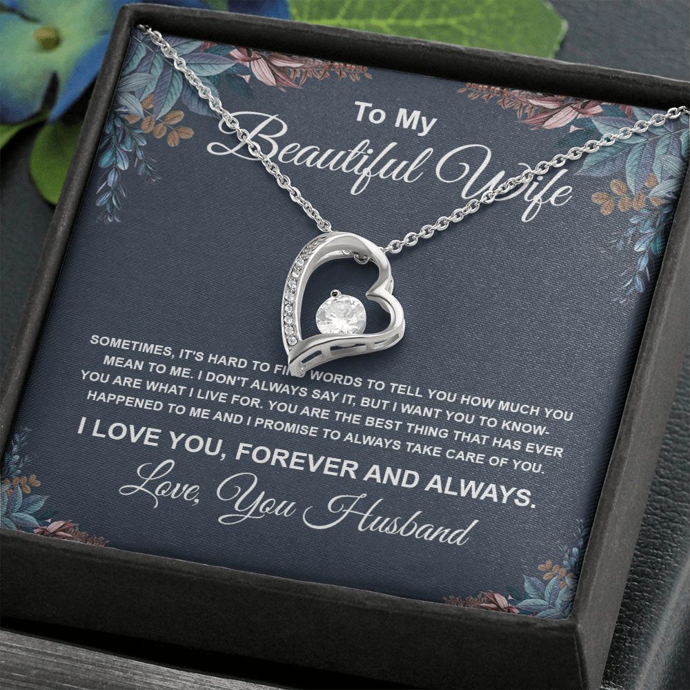 To My Beautiful Wife Necklace From Husband Pendant Jewelry with Message Card and Box Necklaces for Women Valentines Day Happy Anniversary Wedding Present for Birthday Merry Christmas for Wife Necklace Forever Love