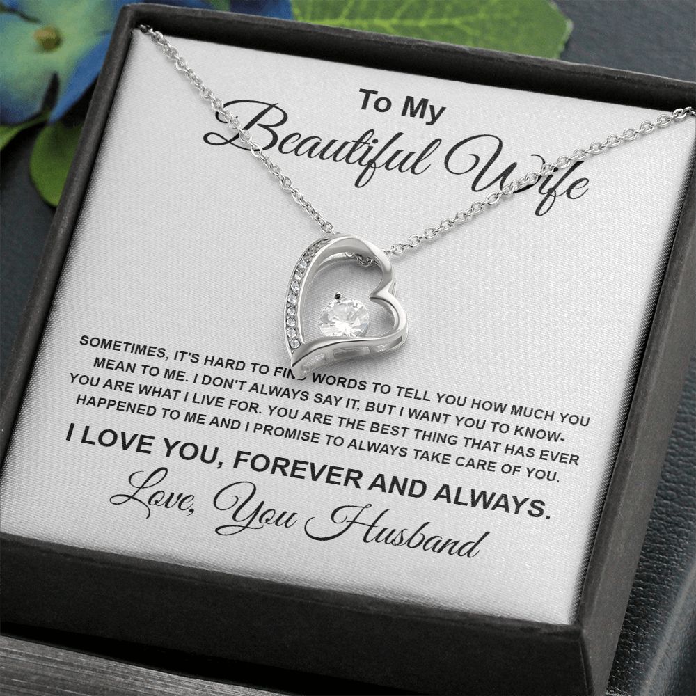 To My Beautiful Wife Necklace From Husband Pendant Jewelry with Message Card and Box Necklaces for Women Valentines Day Happy Wedding Present for Birthday Merry Christmas for Wife Forever Love