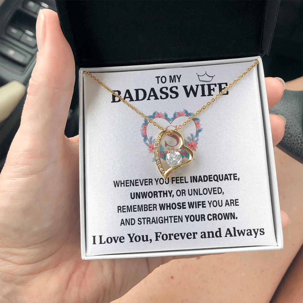 Wife Necklace Gifts From Husband To My Badass Wife Pendant Valentines Day Anniversary Jewelry with Message Card and Gift Box. Gift for Wife. Necklace Gift Set for Wife Forever Love