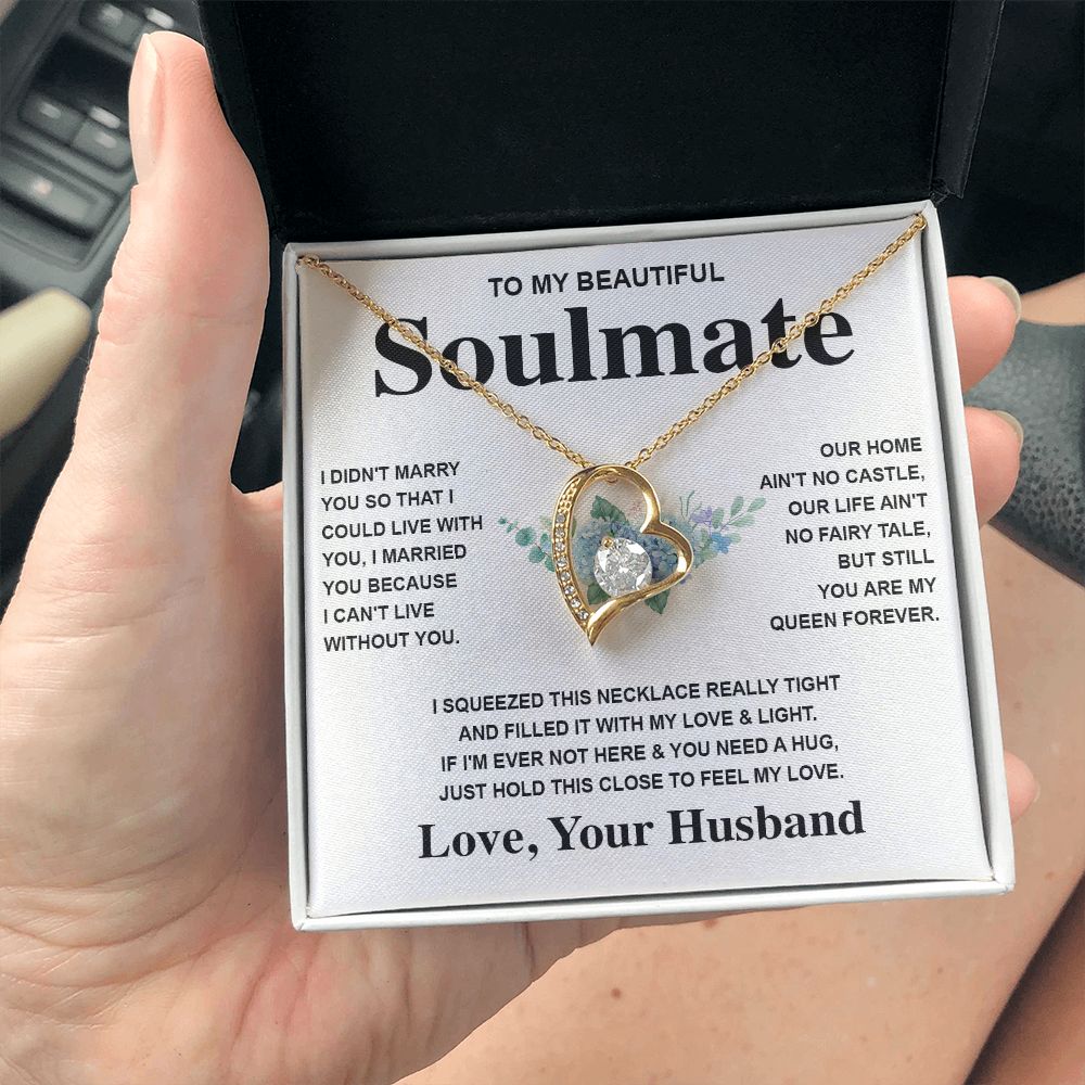 Soulmate Necklace Gift From Husband To My Badass Wife Pendant Valentines Day Anniversary Jewelry with Message Card and Gift Box. Gift for Wife. Necklace Gift Set for Wife Message Card and Necklace Gifts Box Gift Box Styles Forever Love