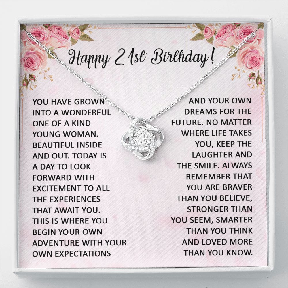 21st Birthday Gifts For Her, 21 Year Old Female Birthday Card Necklace Gift Ideas, Happy Bday For Women Turning Finally 21, 21st Birthday Present for Daughter, Granddaughter Message Card and Gift Box. Love Knot