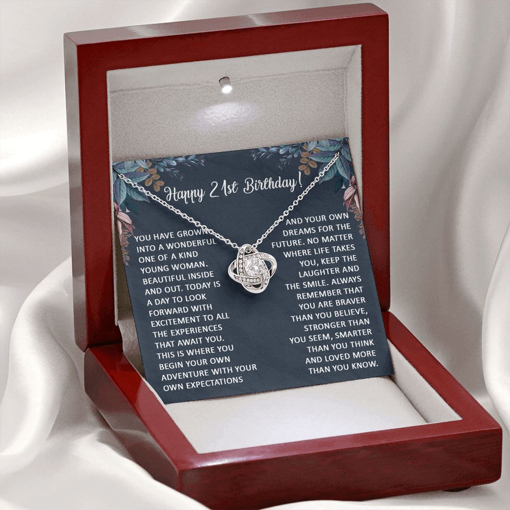 21st Birthday Gifts For Her, 21 Year Old Female Birthday Card Necklace Gift Ideas, Happy Bday For Women Turning Finally 21, 21st Birthday Present for Daughter, Granddaughter Message Card and Gift Box Love Knot