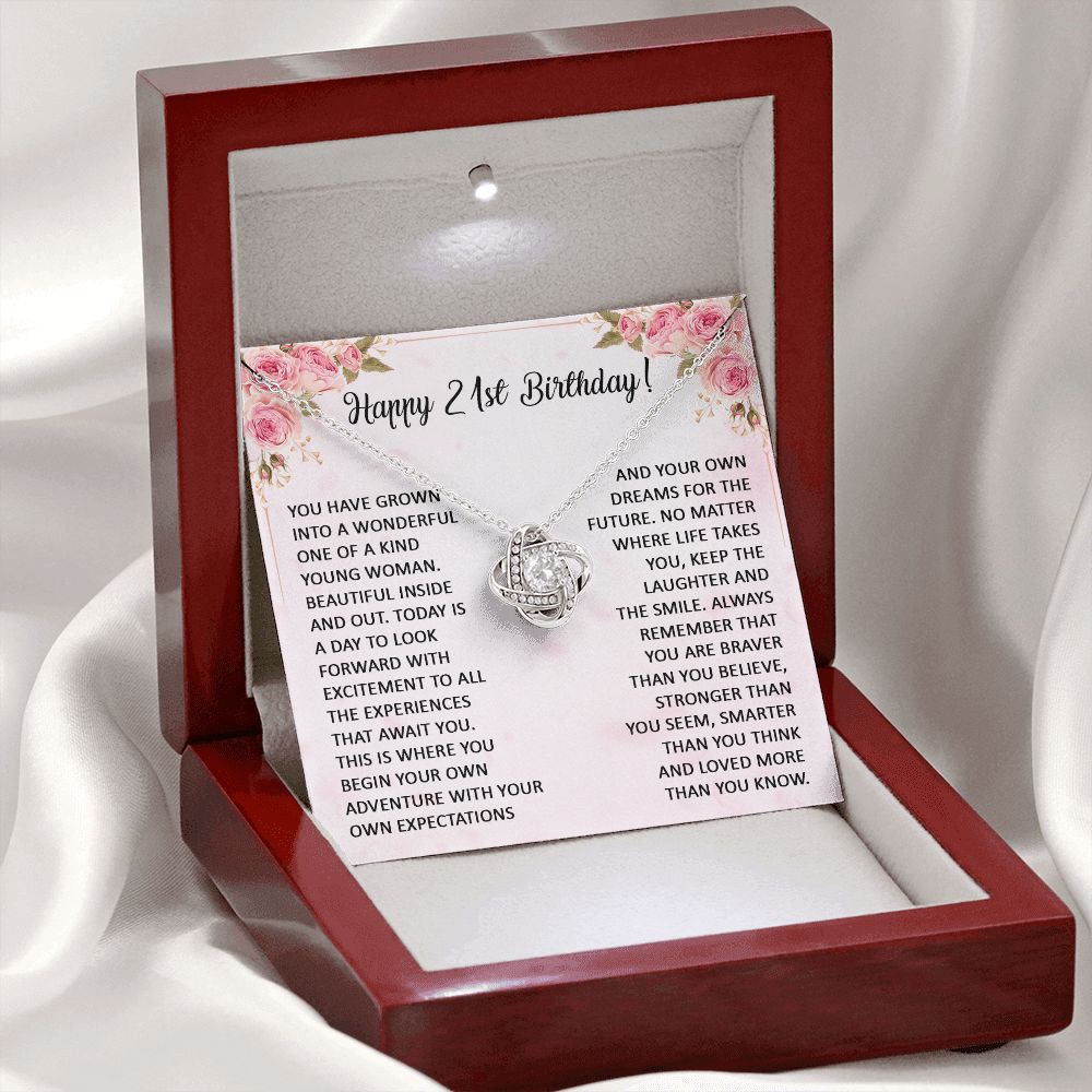 21st Birthday Gifts For Her, 21 Year Old Female Birthday Card Necklace Gift Ideas, Happy Bday For Women Turning Finally 21, 21st Birthday Present for Daughter, Granddaughter Message Card and Gift Box. Love Knot