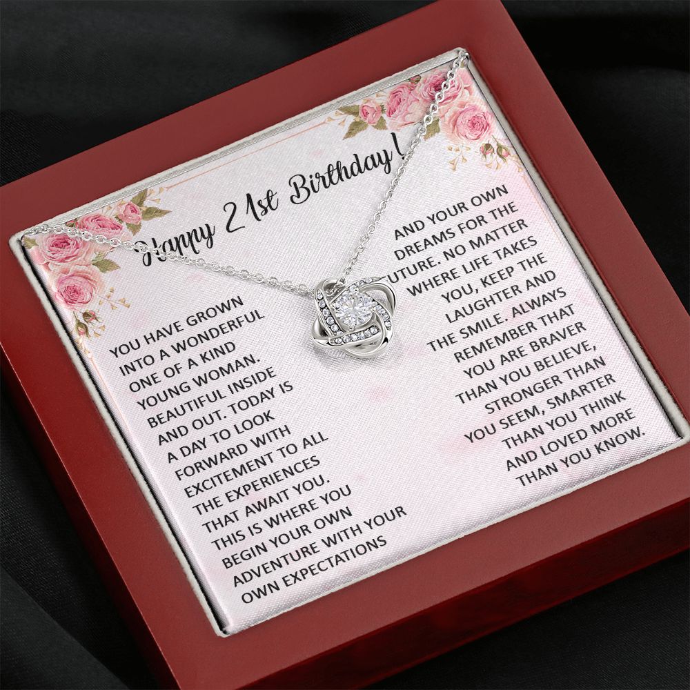 21st Birthday Gifts For Her, 21 Year Old Female Birthday Card Necklace Gift Ideas, Happy Bday For Women Turning Finally 21, 21st Birthday Present for Daughter, Granddaughter Message Card and Gift Box. Love Knot